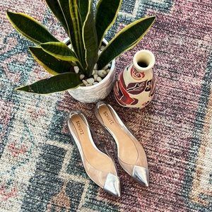 Schutz clear pointy toe flat with silver decal